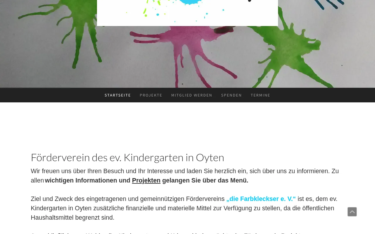 Alte Seite der Farbkleckser: Foto bunter Farbkleckse, darunter ein schwarzer Menübalken und Fließtext mit wild gemischtem Fett, Unterstrichen und Cyan