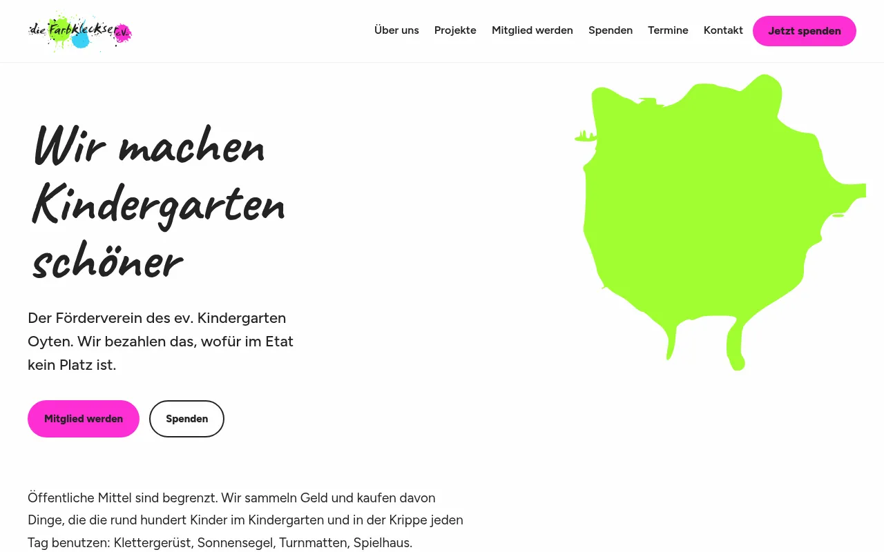 Neue Startseite der Farbkleckser: handschriftliche Überschrift „Wir machen Kindergarten schöner“, pinke Buttons und ein grüner Farbklecks